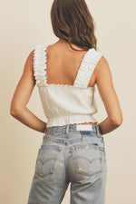 Load image into Gallery viewer, WHITE RUFFLED CROP TOP
