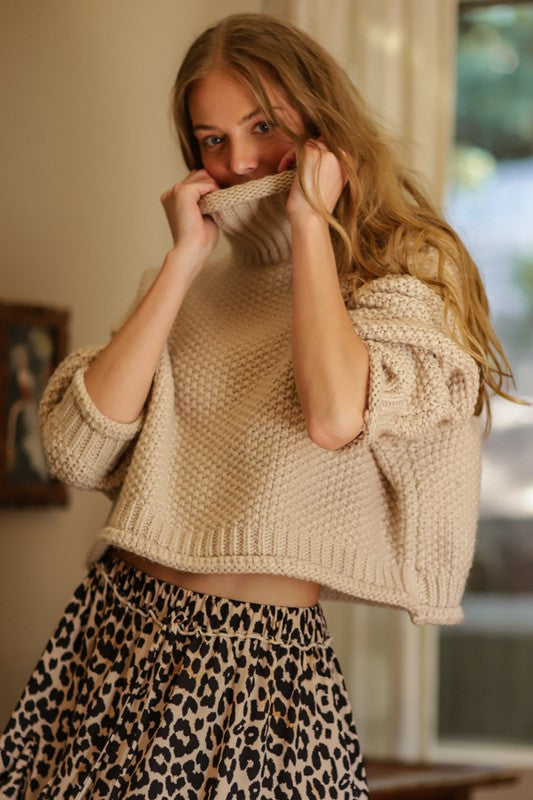 BEIGE TURTLENECK CROP SWEATER