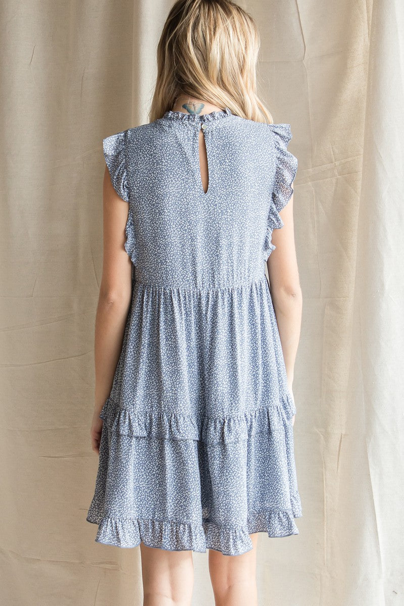 BLUE LEOPARD RUFFLED TIERED DRESS
