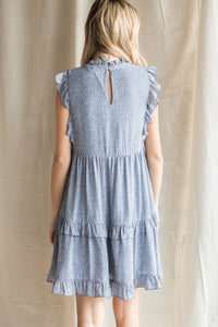 BLUE LEOPARD RUFFLED TIERED DRESS