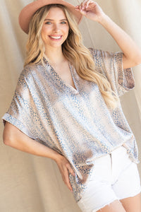 SATIN CHEETAH PRINT V NECK BLOUSE